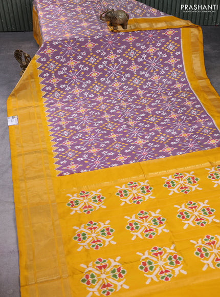 Pochampally silk saree pastel purple and mustard yellow with allover ikat weaves and long zari woven border