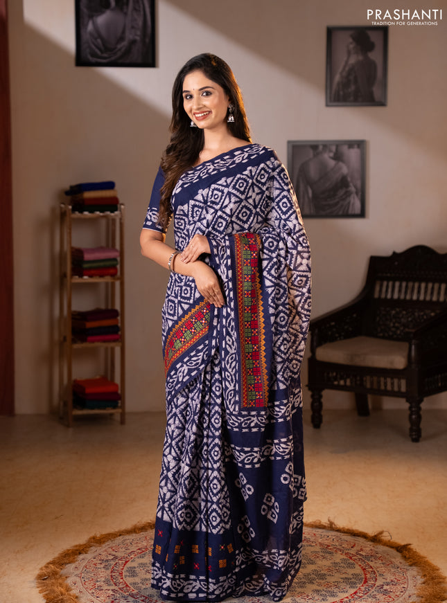 Batik cotton saree indigo blue with allover batik prints and embroidery mirror work border