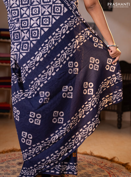 Batik cotton saree indigo blue with allover batik prints and embroidery mirror work border