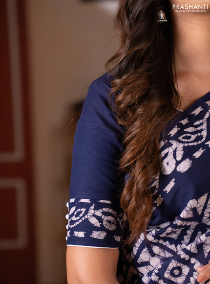Batik cotton saree indigo blue with allover batik prints and embroidery mirror work border