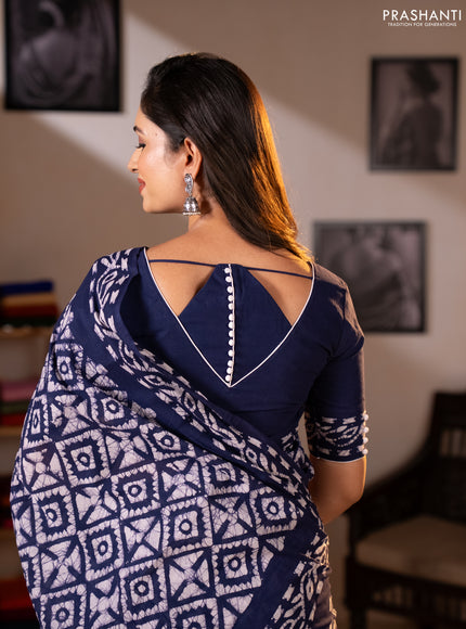 Batik cotton saree indigo blue with allover batik prints and embroidery mirror work border