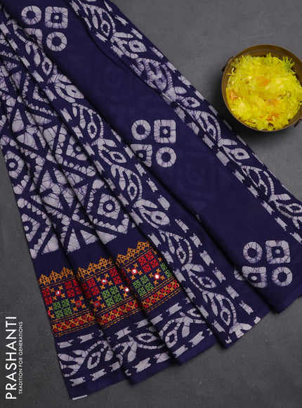 Batik cotton saree indigo blue with allover batik prints and embroidery mirror work border