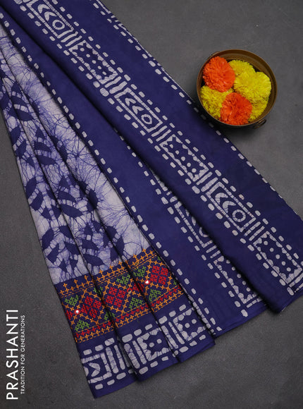 Batik cotton saree indigo blue with allover batik prints and embroidery mirror work border