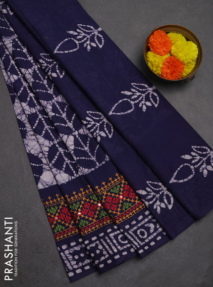 Batik cotton saree navy blue with allover batik prints and embroidery mirror work border