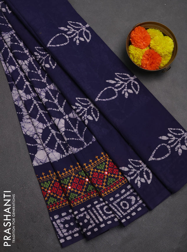 Batik cotton saree navy blue with allover batik prints and embroidery mirror work border