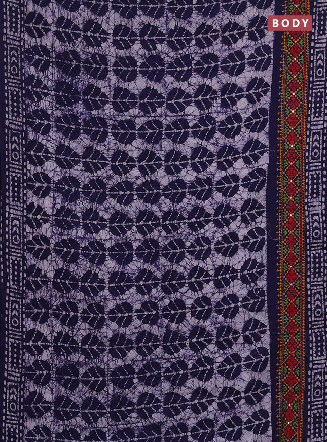 Batik cotton saree navy blue with allover batik prints and embroidery mirror work border