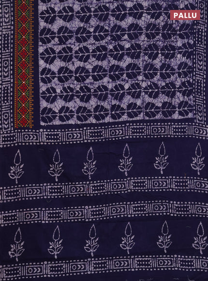 Batik cotton saree navy blue with allover batik prints and embroidery mirror work border