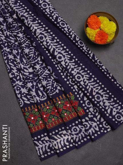 Batik cotton saree navy blue with allover batik prints and embroidery mirror work border