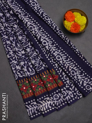 Batik cotton saree navy blue with allover batik prints and embroidery mirror work border