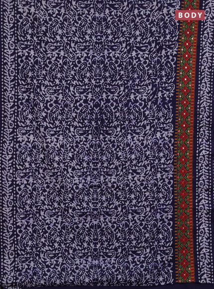 Batik cotton saree navy blue with allover batik prints and embroidery mirror work border