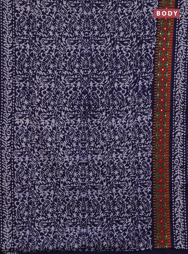 Batik cotton saree navy blue with allover batik prints and embroidery mirror work border