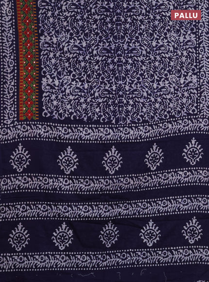 Batik cotton saree navy blue with allover batik prints and embroidery mirror work border