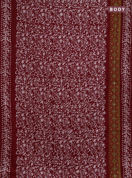 Batik cotton saree red with allover batik prints and embroidery mirror work border