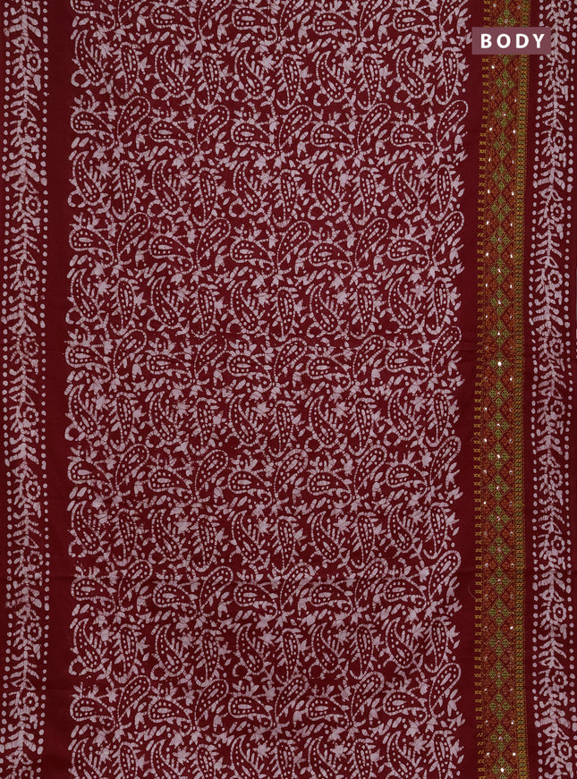 Batik cotton saree red with allover batik prints and embroidery mirror work border