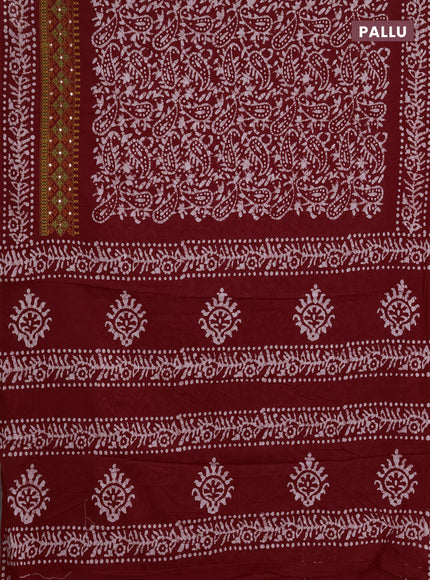 Batik cotton saree red with allover batik prints and embroidery mirror work border