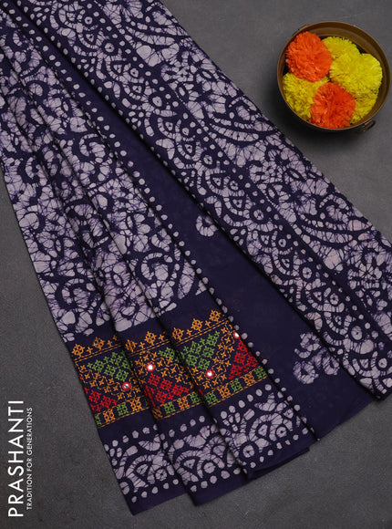 Batik cotton saree navy blue with allover batik prints and embroidery mirror work border