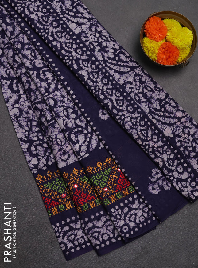 Batik cotton saree navy blue with allover batik prints and embroidery mirror work border