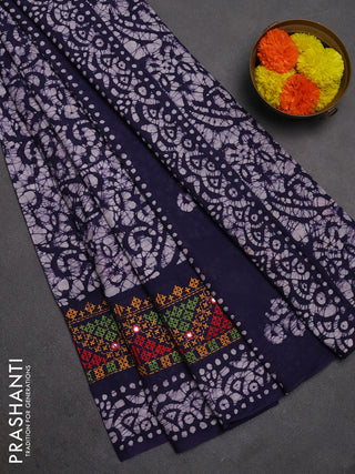 Batik cotton saree navy blue with allover batik prints and embroidery mirror work border