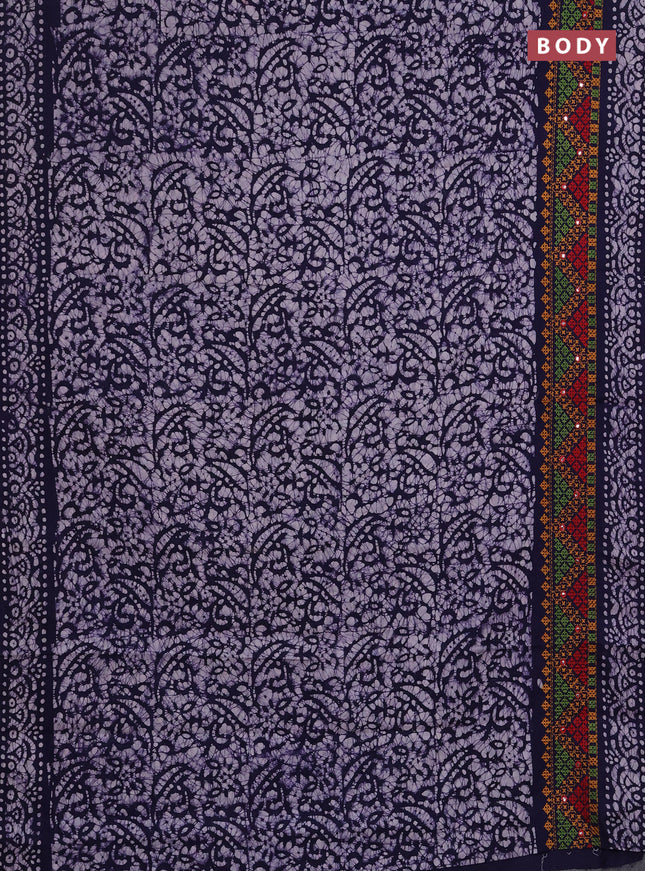 Batik cotton saree navy blue with allover batik prints and embroidery mirror work border