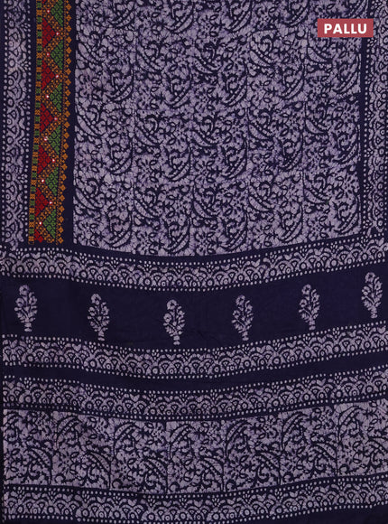 Batik cotton saree navy blue with allover batik prints and embroidery mirror work border