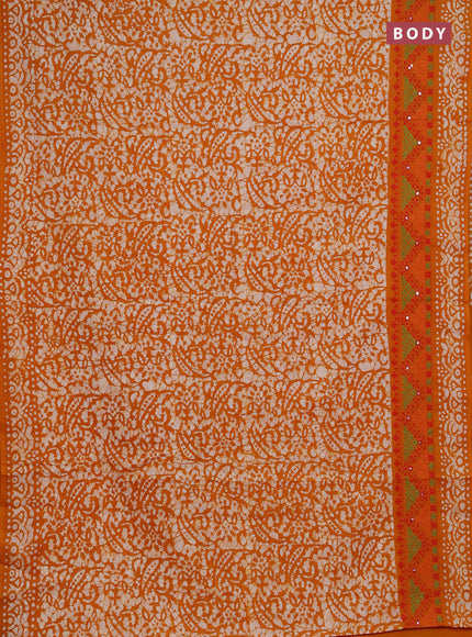Batik cotton saree mango yellow with allover batik prints and embroidery mirror work border