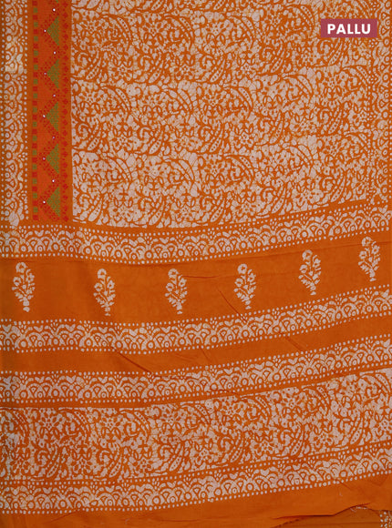 Batik cotton saree mango yellow with allover batik prints and embroidery mirror work border