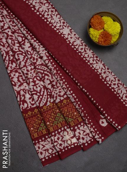 Batik cotton saree red with allover batik prints and embroidery mirror work border