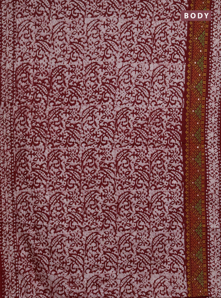 Batik cotton saree red with allover batik prints and embroidery mirror work border