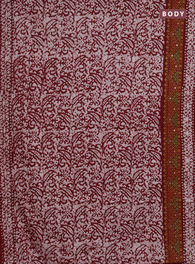Batik cotton saree red with allover batik prints and embroidery mirror work border