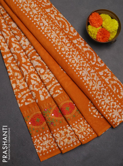 Batik cotton saree mango yellow with allover batik prints and embroidery mirror work border