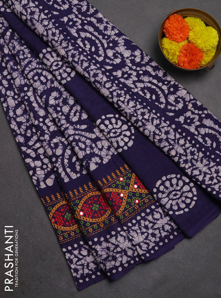Batik cotton saree navy blue with allover batik prints and embroidery mirror work border
