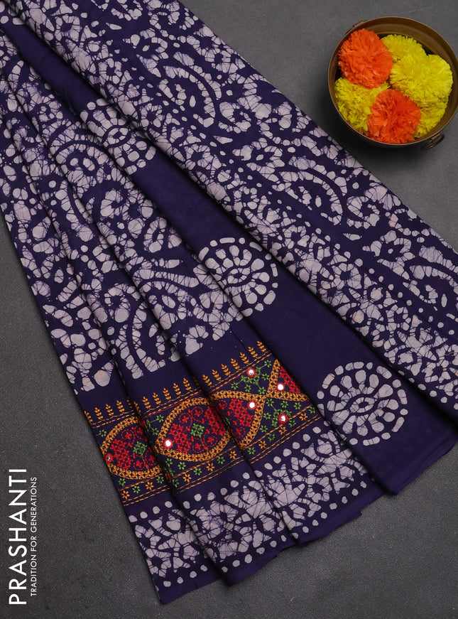 Batik cotton saree navy blue with allover batik prints and embroidery mirror work border