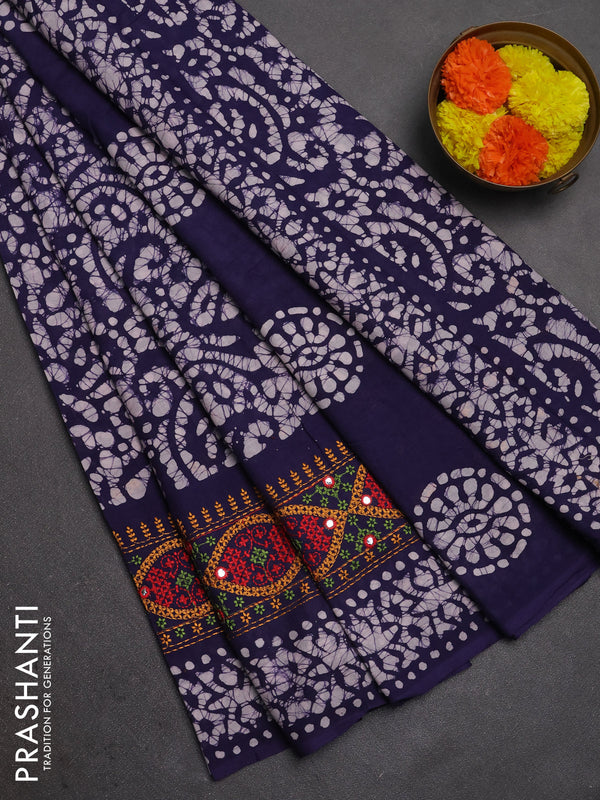 Batik cotton saree navy blue with allover batik prints and embroidery mirror work border