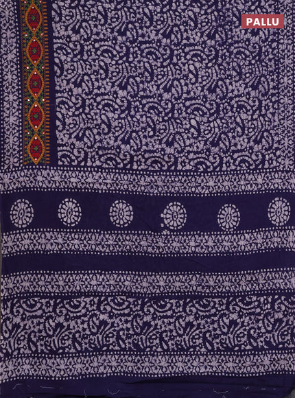 Batik cotton saree navy blue with allover batik prints and embroidery mirror work border