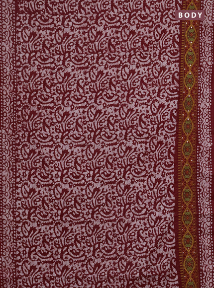 Batik cotton saree maroon with allover batik prints and embroidery mirror work border