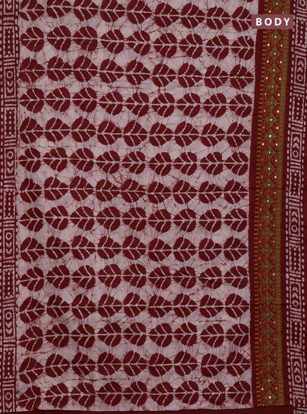 Batik cotton saree beige and red with allover batik prints and embroidery mirror work border