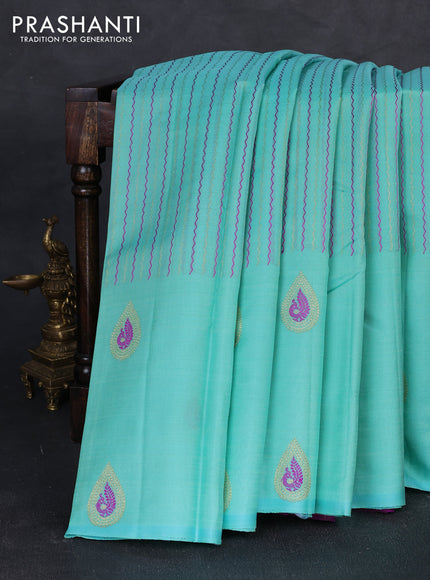 Kora kanchipuram silk saree teal green and purple with allover thread & zari weaves and long zari woven butta border