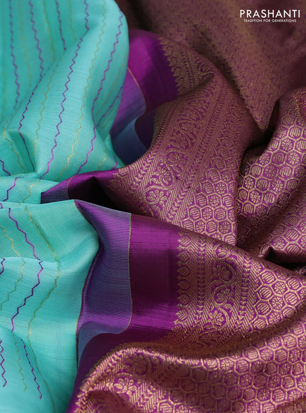 Kora kanchipuram silk saree teal green and purple with allover thread & zari weaves and long zari woven butta border