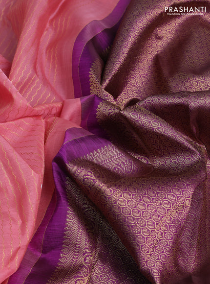 Kora kanchipuram silk saree peach pink and magenta pink with allover zari weaves pattern and long zari woven butta border