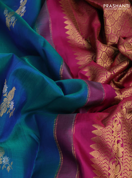 Kora kanchipuram silk saree dual shade of bluish green and pink with allover silver & zari woven buttas in borderless style