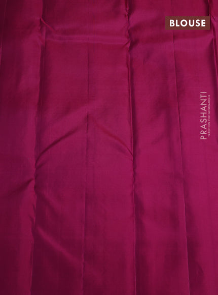 Kora kanchipuram silk saree dual shade of bluish green and pink with allover silver & zari woven buttas in borderless style