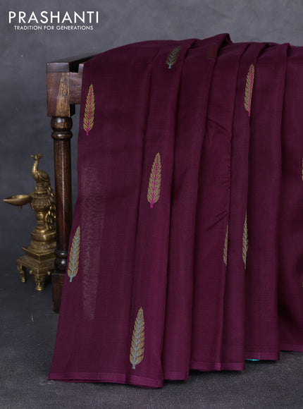 Kora kanchipuram silk saree wine shade and teal green with thread & zari woven buttas in borderless style