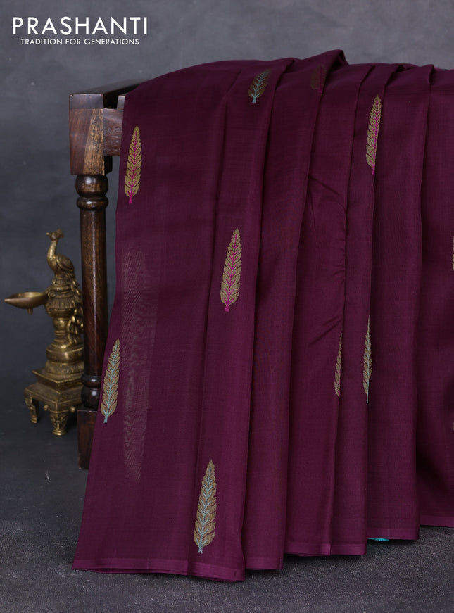 Kora kanchipuram silk saree wine shade and teal green with thread & zari woven buttas in borderless style