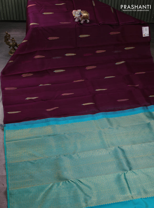 Kora kanchipuram silk saree wine shade and teal green with thread & zari woven buttas in borderless style