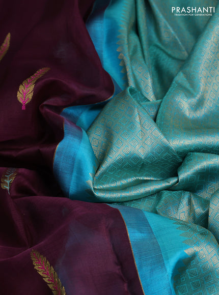 Kora kanchipuram silk saree wine shade and teal green with thread & zari woven buttas in borderless style