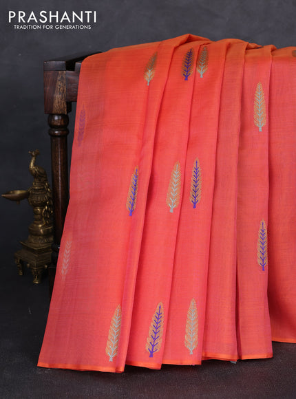 Kora kanchipuram silk saree orange and royal blue with thread & zari woven buttas in borderless style