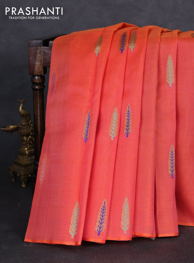 Kora kanchipuram silk saree orange and royal blue with thread & zari woven buttas in borderless style