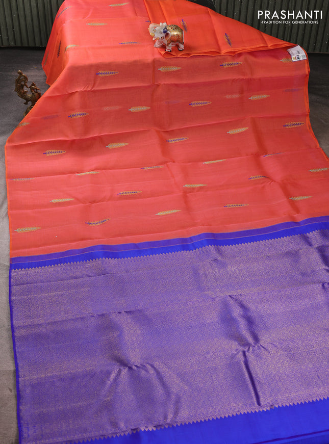 Kora kanchipuram silk saree orange and royal blue with thread & zari woven buttas in borderless style