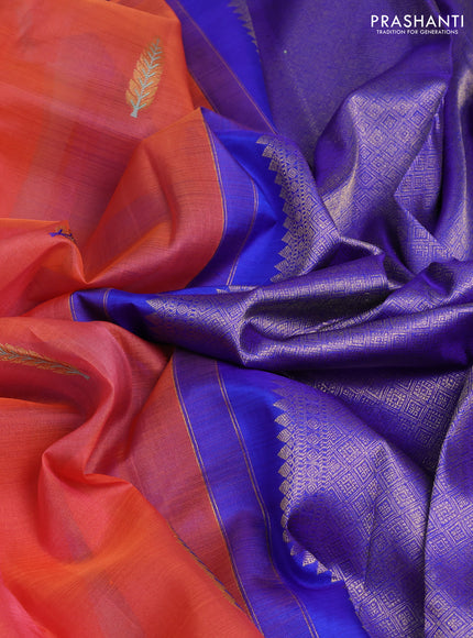 Kora kanchipuram silk saree orange and royal blue with thread & zari woven buttas in borderless style