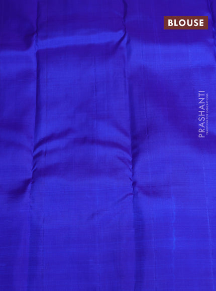Kora kanchipuram silk saree orange and royal blue with thread & zari woven buttas in borderless style